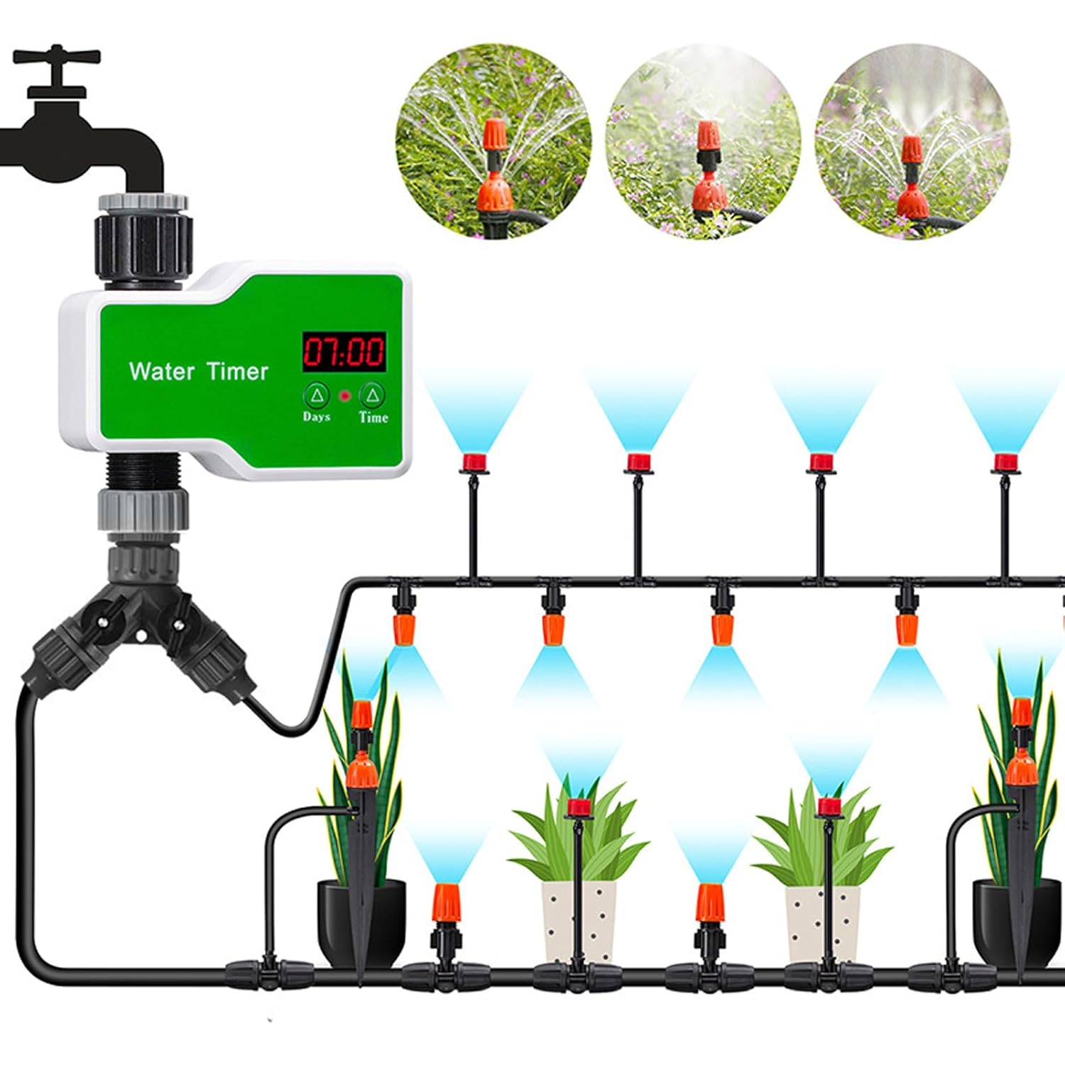 Automatic Drip Irrigation Kits, 98.4FT Drip Irrigation System with Garden Timer, Quick Connector Watering Nozzles for Greenhouse, Garden, Lawn, Potted Plants Green