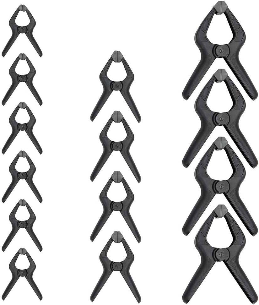 Amazon Basics 14-Piece Nylon Spring Clamp Set, 6 Pack of 12.7 to 0.63-Cm , 4 Pack of 10.6 to 1.2-Cm, 4 Pack of 15.2 to 1.2-Cm, Black/ Grey