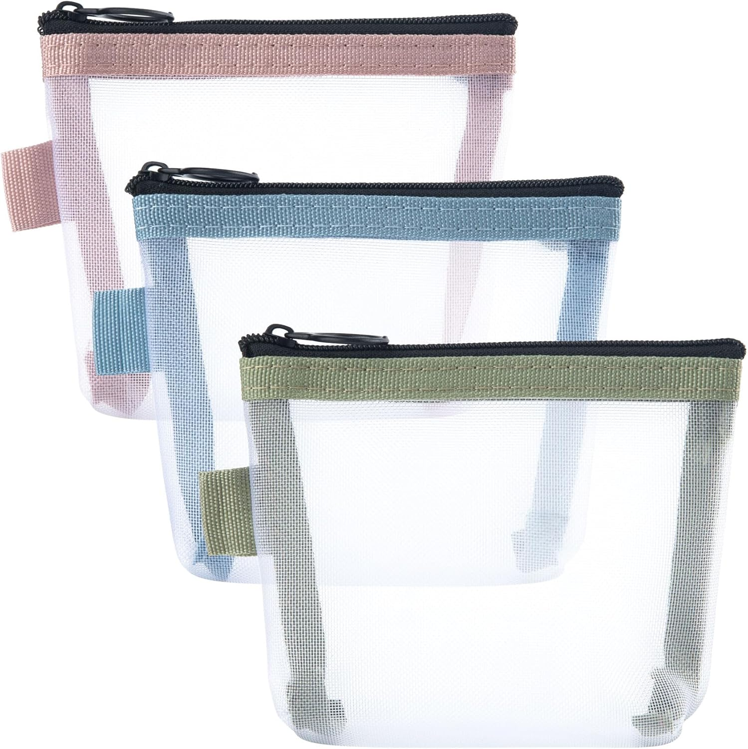 BEIQIYA 3Pcs Mini Mesh Bag with Zipper, Small Clear Nylon Makeup Bags, Portable Travel Cosmetic Pouch Purse for Lipstick Coin Keys Cards- Blue & Pink & Green