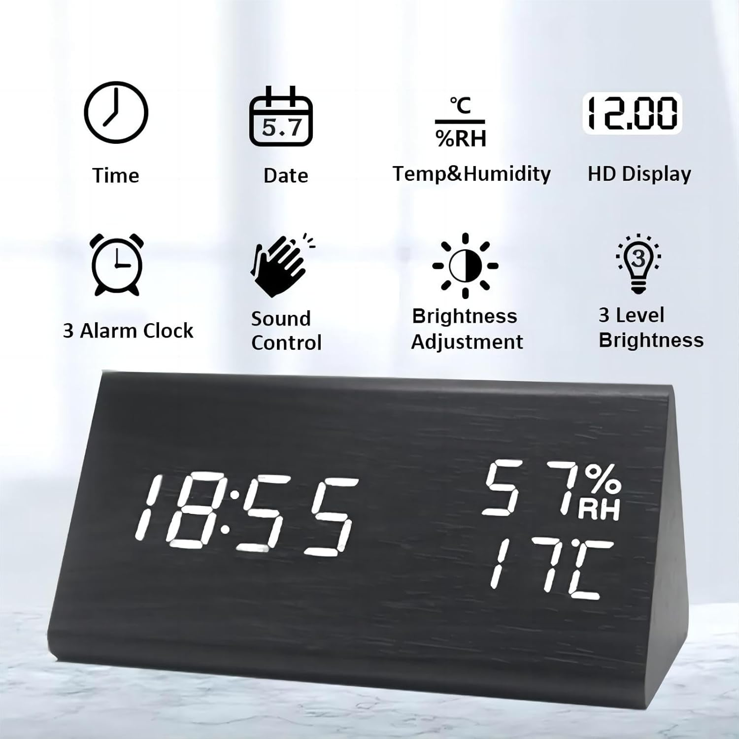 Lancoon Wooden Alarm Clock, Time Date Temperature and Humidity Display 12/24H Sound Activation 3 Alarm Settings Adjustable Brightness for Home Bedroom Office Travel image number 3