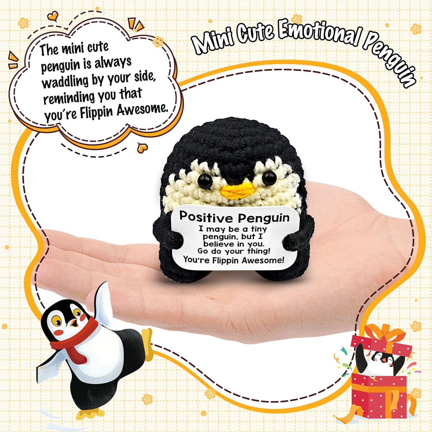 Mini Postive Crochet Funny Gift, 2PCS 3 Inch Cute Crochet Sunflower Pot Desk Decoration Toy with Positive Card for Dad Father Women Mom Best Friend Teacher Fall (Sunflower & Penguin) image number 3