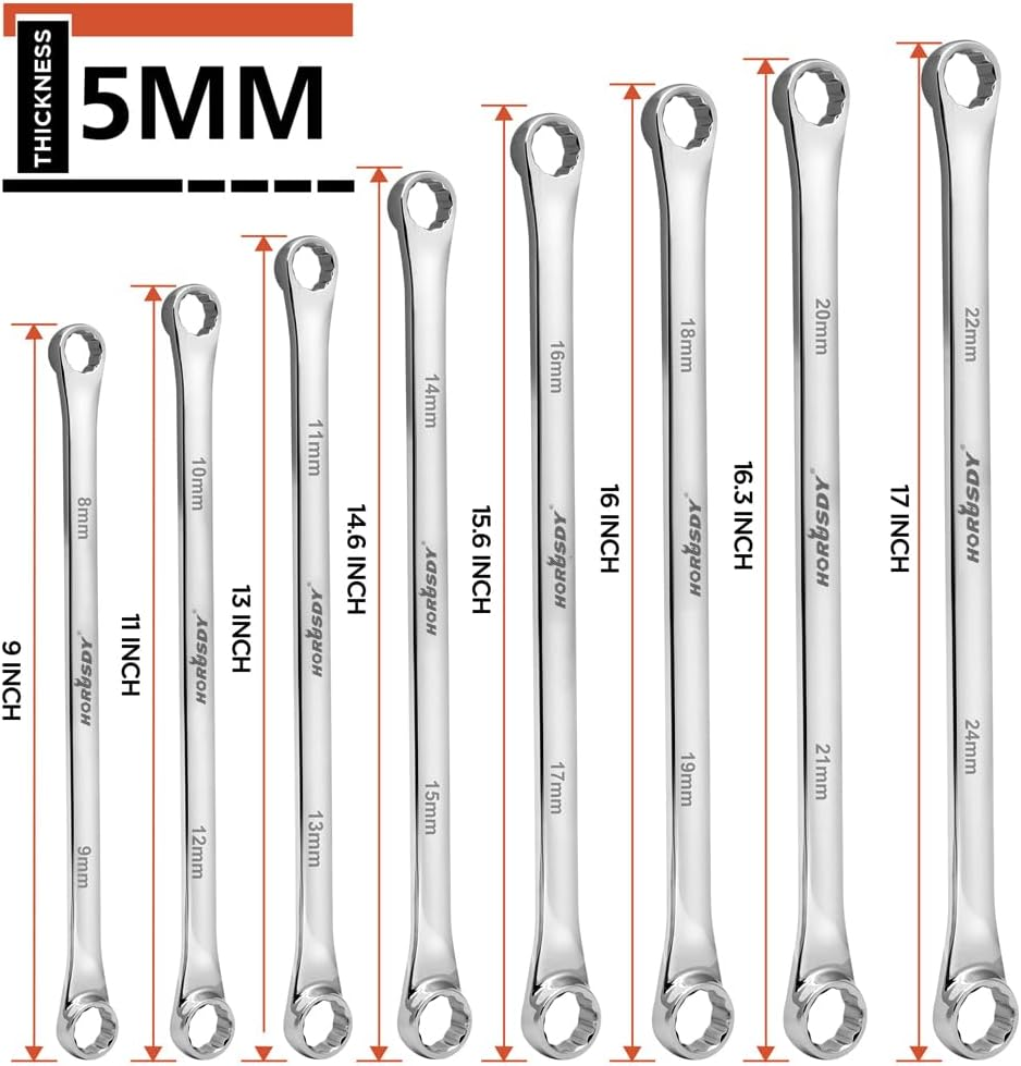 HORUSDY 8-Piece Extra Long Spanner Set, 8Mm-24Mm Aviation Spanners Double Box End, 5Mm Thick CR-V Steel with Storage Foam for Tool Drawers image number 2