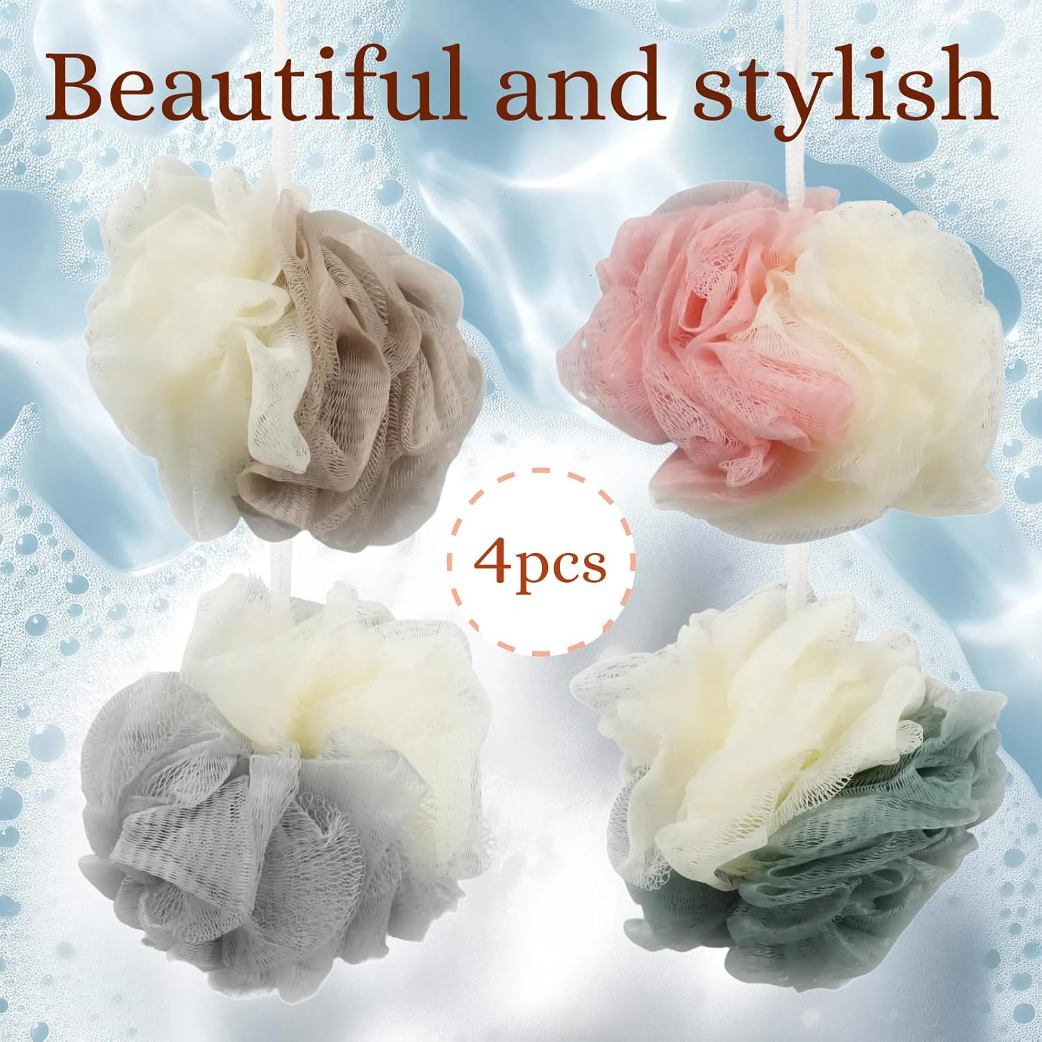 Fortuneglobe 4-Pack Colorful Bath Poufs | Gentle Exfoliating Mesh Sponges for Body & Skin | Family Shower Essentials for Adults & Kids image number 4