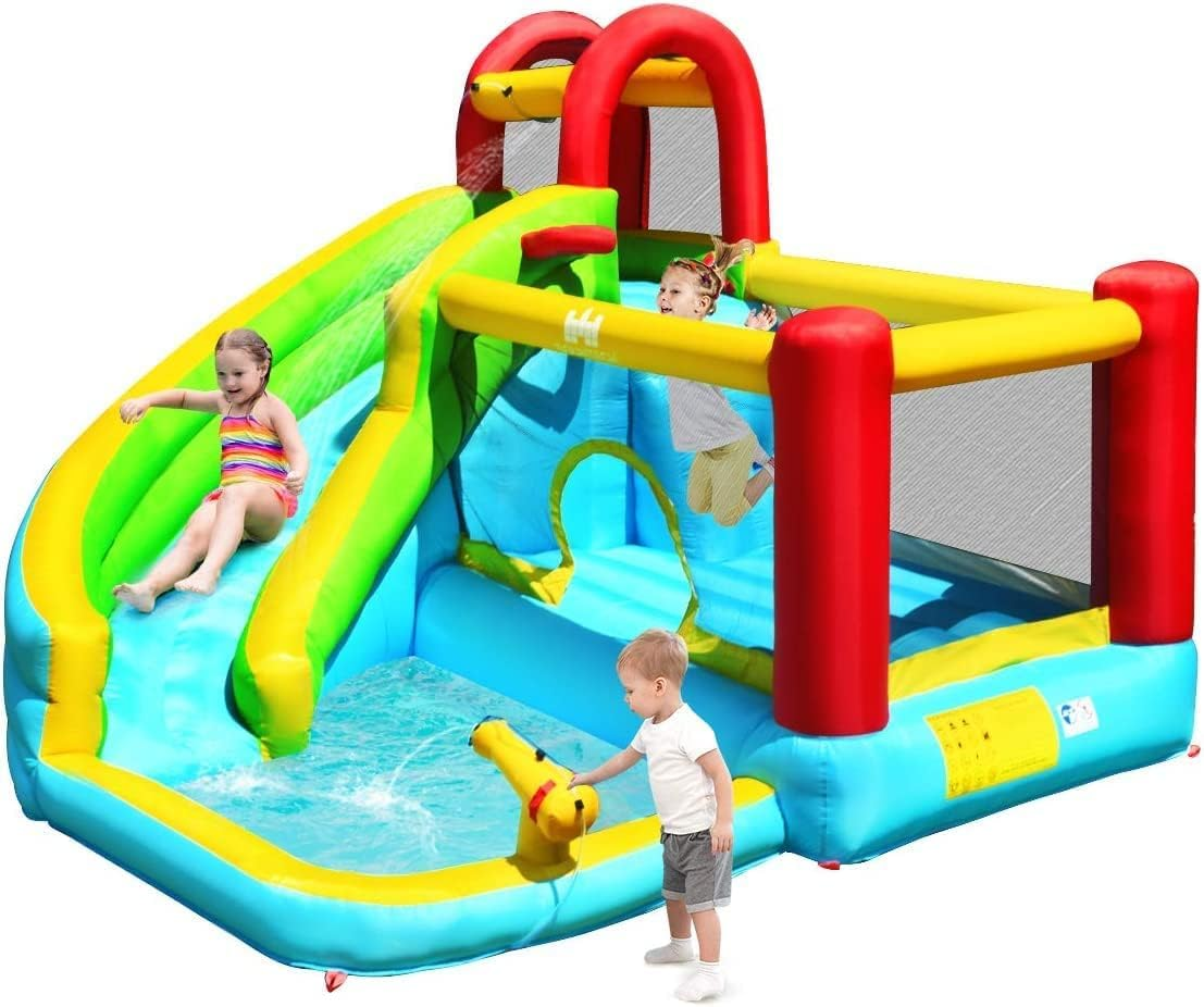 HONEY JOY 6 in 1 Inflatable Water Slide Water Park, Kids Jumping Castle Splash Pool W/Climbing Wall, Water Cannon, Basketball Hoop, Inflatable Bounce House Outdoor for Children (Without Blower)
