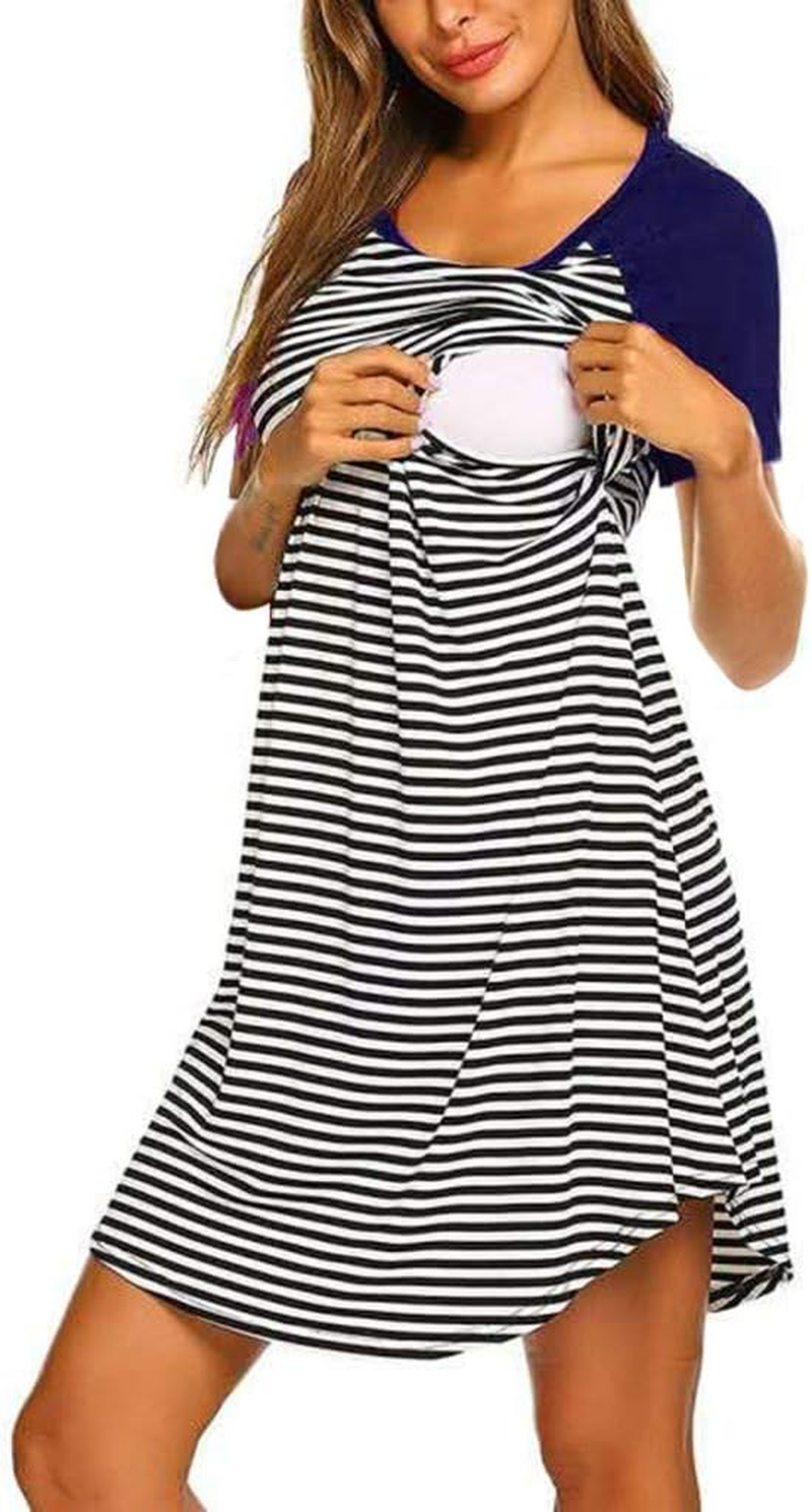 Summer Women Maternity Nursing Dress Short Sleeve Striped Loose Breastfeeding Sleepwear Midi Dress image number 6