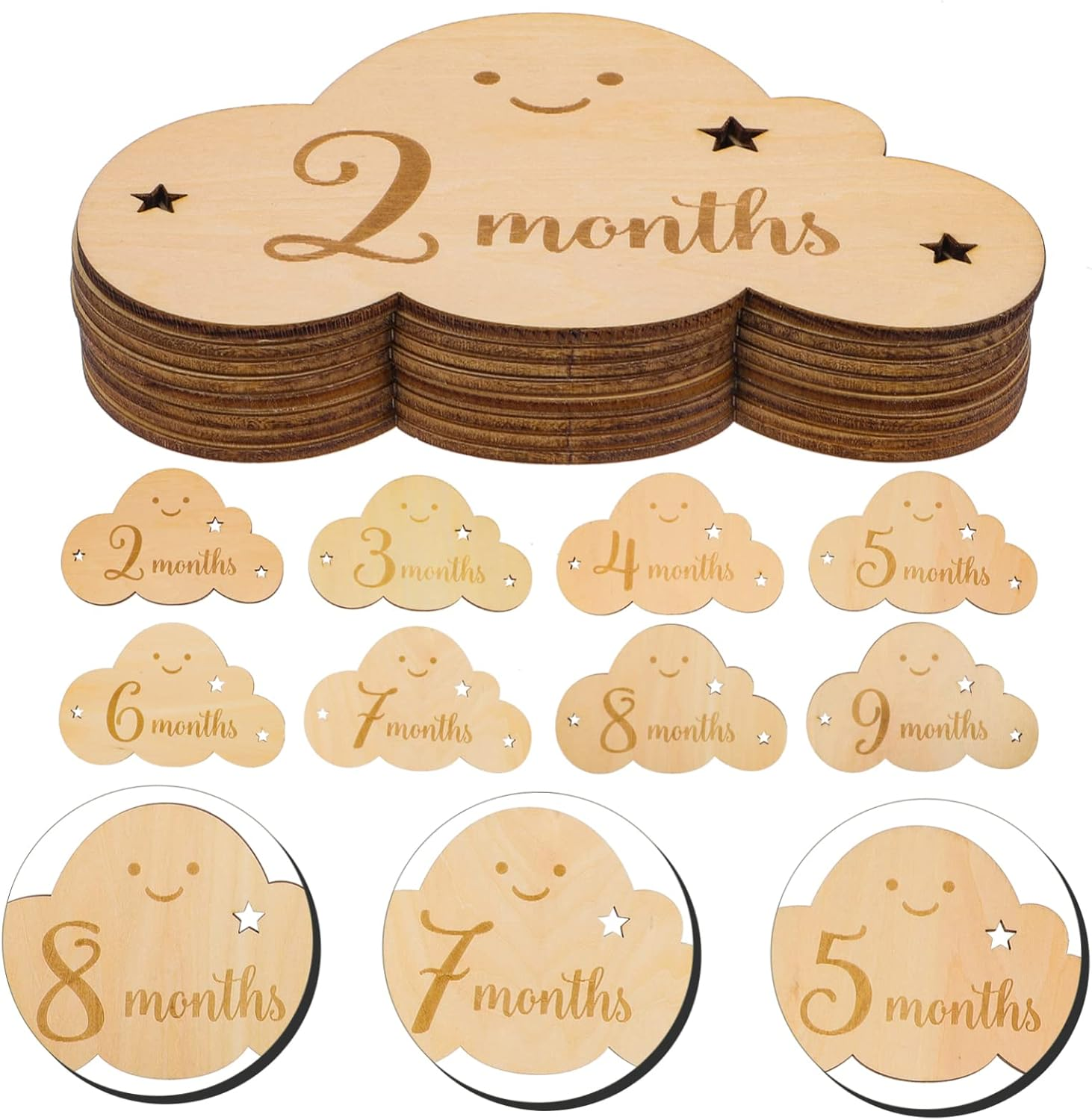 8Pcs Wooden Cloud Monthly Cards for Shower Decorations Newborn Growth Signs