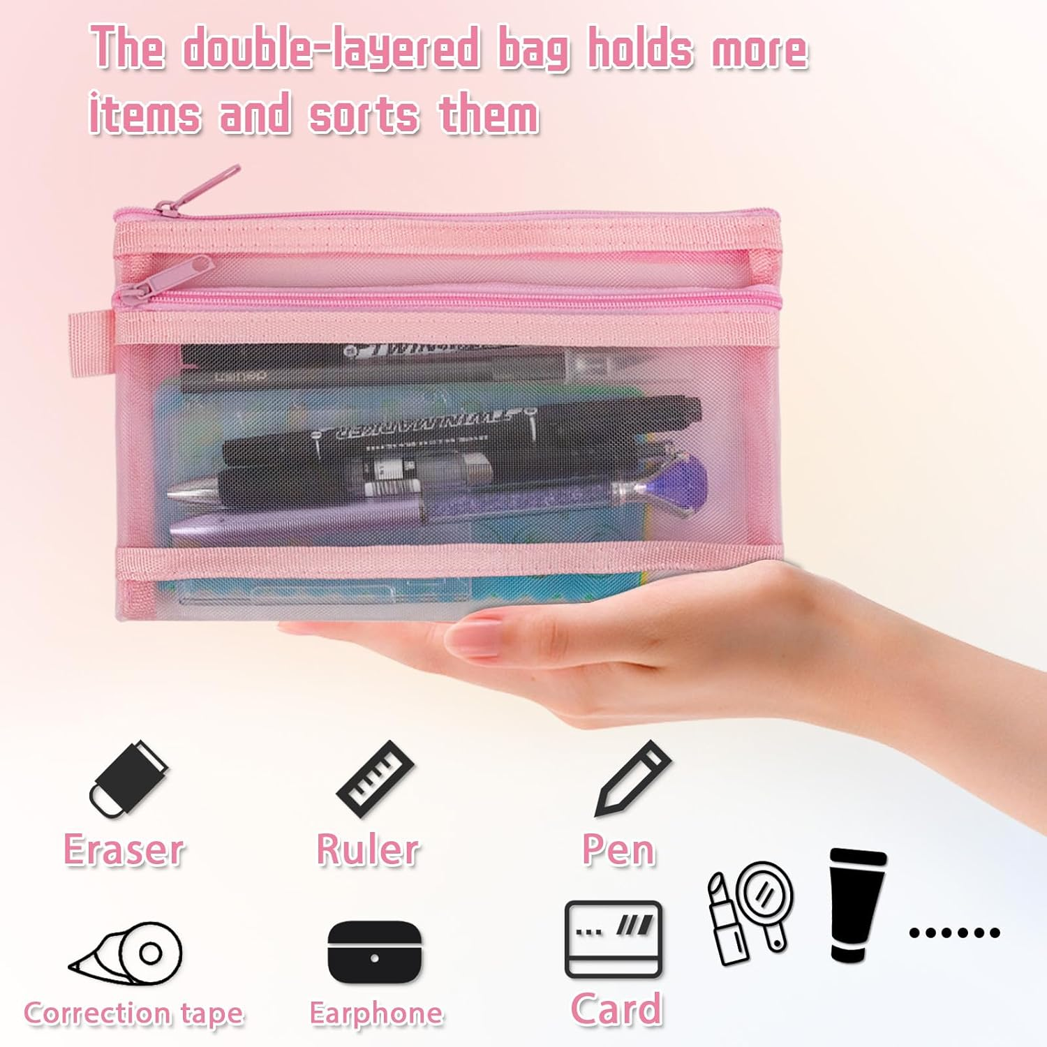 5 Pcs Pencil Case Pouch Pencil Case Large Capacity Zipper Mesh Pen Pouch Double Multifunctional Stationery Organizer Storage Bag for Office Supplies Cosmetics Makeup Travel Accessories (Multicolour) image number 3