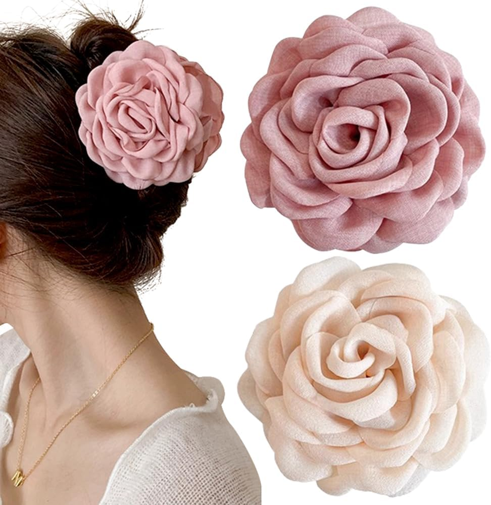 Pack of 2 Flower Hair Clips, Hawaiian Chiffon Pink Flower Hair Clips, Women'S Apricot Hair Clips, Flowers Fabric, Silk, Rose Flower Hair Clip, Claw Clip, Tulle Floral Hair Clips, Hair Clip, Summer image number 6