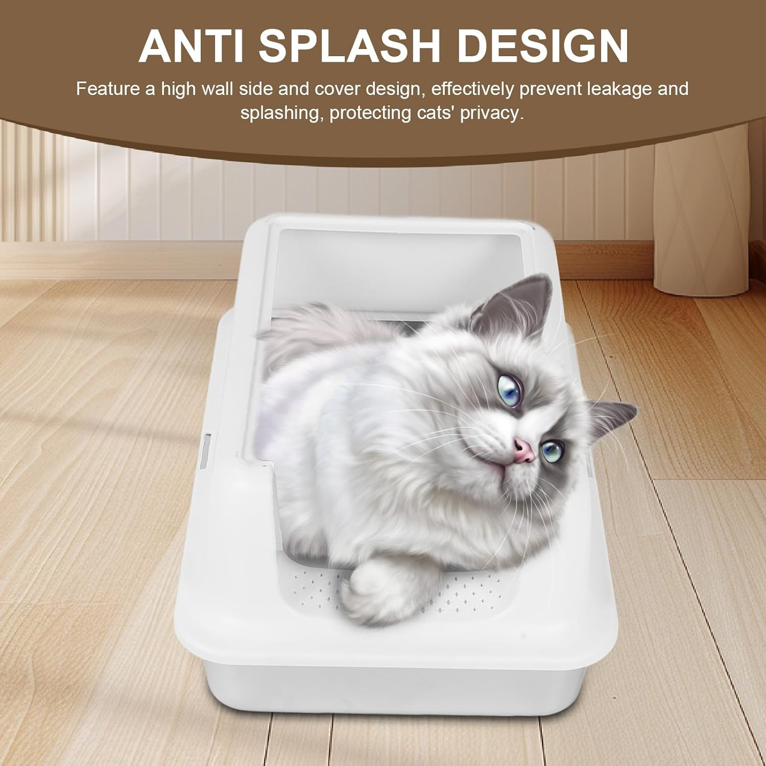 Stainless Steel Litter Box, Open Top Cat Litter Tray, High Sided Cat Litter Pan, Large Metal Cat Litter Box, Easy to Clean (White) image number 6