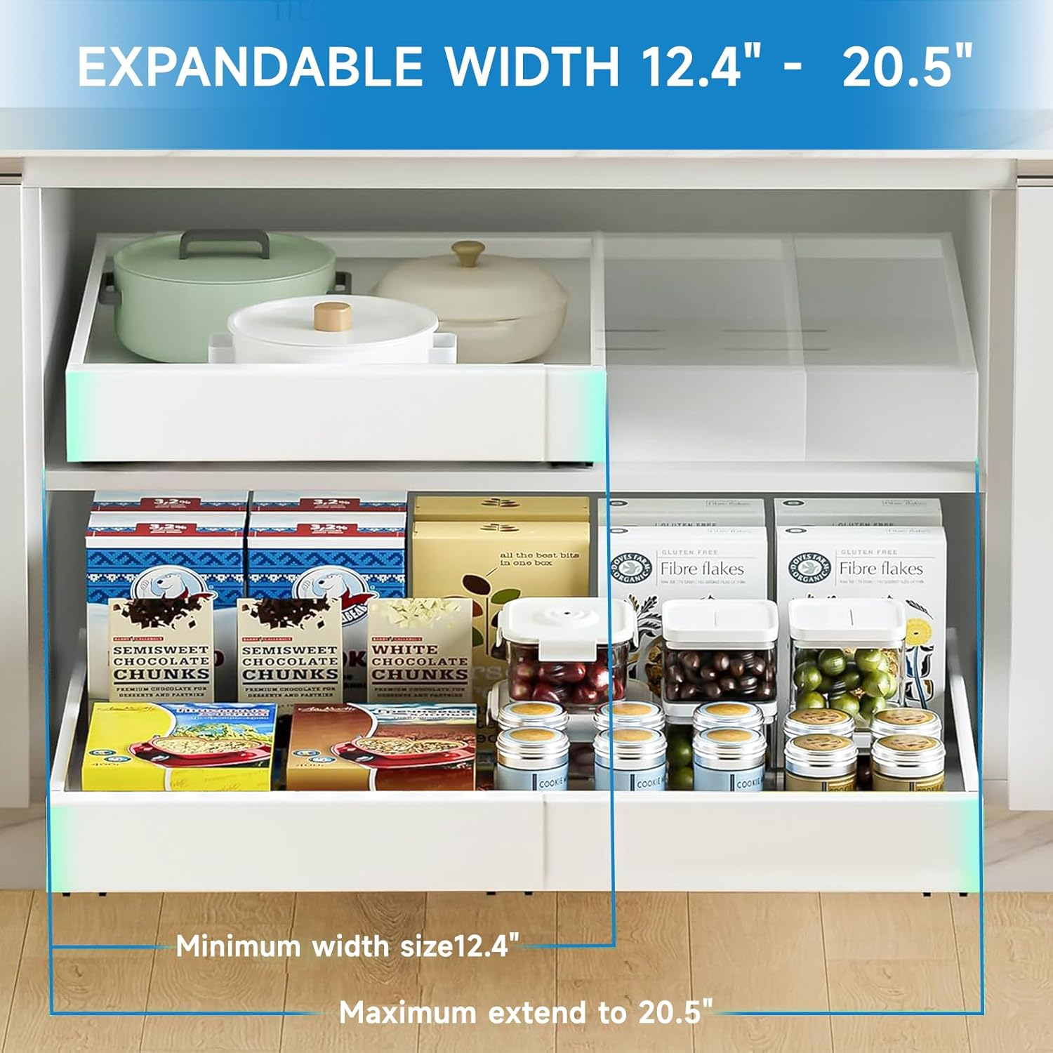 Pull Out Cabinet Organizer, Expandable (12.4"-20.5") Pull Out Drawers for Cabinets Fixed with Adhesive Film,Adjustable Peel Stick Slide Out Drawers for Kitchen Cabinets Pantry Bathroom-21&ldquo; Deep image number 5