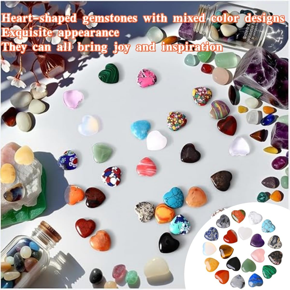 Heart-Shaped Worry Stone Colored Gemstone Crystal Meditation, Random Pattern Heart-Shaped Pocket Polished Gemstone Heart Treatment Crystal Gift Chakra Reiki Yoga Meditation to Relieve Anxiety and Stress 20 Pieces