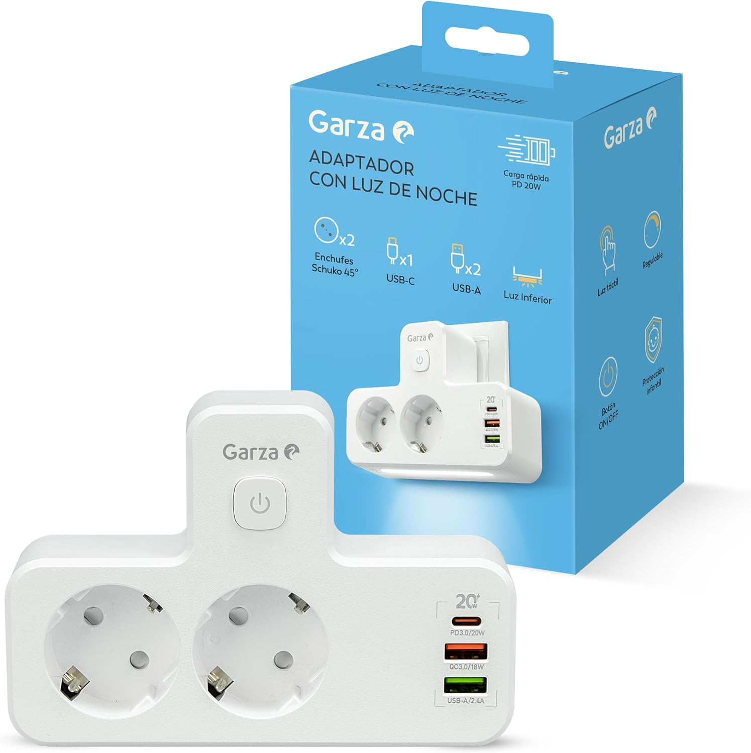 Garza - 5-In-1 Adapter with 2 Schuko Sockets, 2 USB-A and 1 USB-C PD20W, Fast Charge, Dimmable Touch Night Light, Child Protection and Overheating Protection image number 6