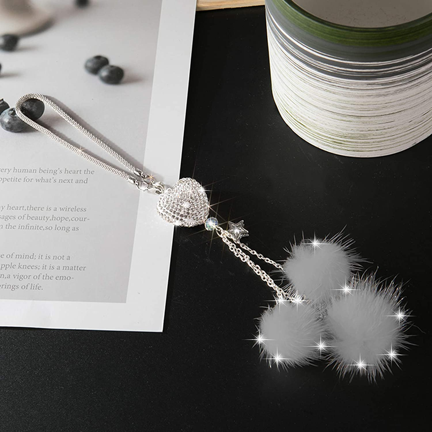 Bling Car Accessories for Women &pound;&brvbar; Men Bling White Heart and Pink Fuzzy Drops Bling Rinestones Diamond Car Accessories Crystal Car Rear View Mirror Charms,Lucky Hanging Accessories (Gray) - Pink image number 4