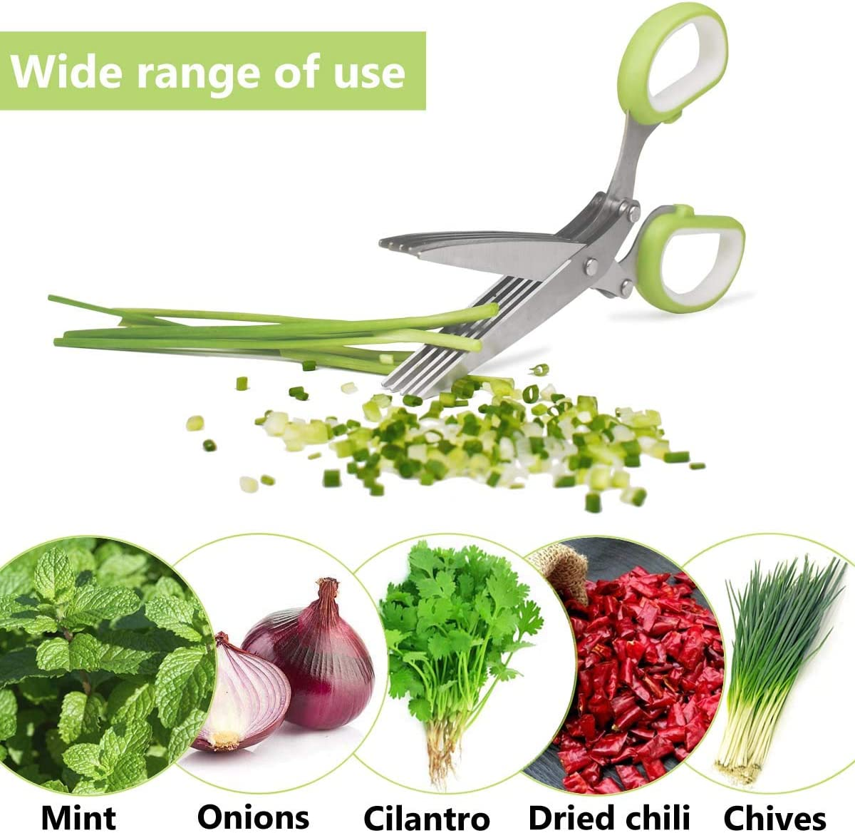 Herb Cutter Scissors 5 Blade Scissors Kitchen Multipurpose Cutting Shear with 5 Stainless Steel Blades & Safety Cover & Cleaning Comb Cilantro Scissors Sharp Shredding Shears Herb Scissors Set (Green) image number 1