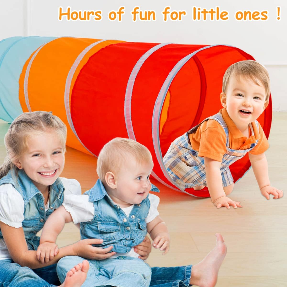 FUYGRCJ Kids Play Tunnel 5FT Pop up Kids Crawl Tunnel Colorful Soft Comfortable Baby Crawl Tube Indoor Outdoor Play Games Climbing Tunnel for Toddlers Aged 3M+ and Pets (Red Orange Blue) image number 1