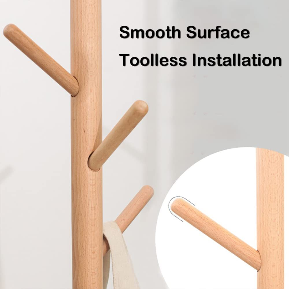 Joiena Wooden Coat Rack Tree with 8 Hooks, 3 Adjustable Sizes Free Standing, Solid Wood, Super Easy Assembly Hallway, Entryway Coat Hanger Stand for Clothes Suits (Wood) image number 4