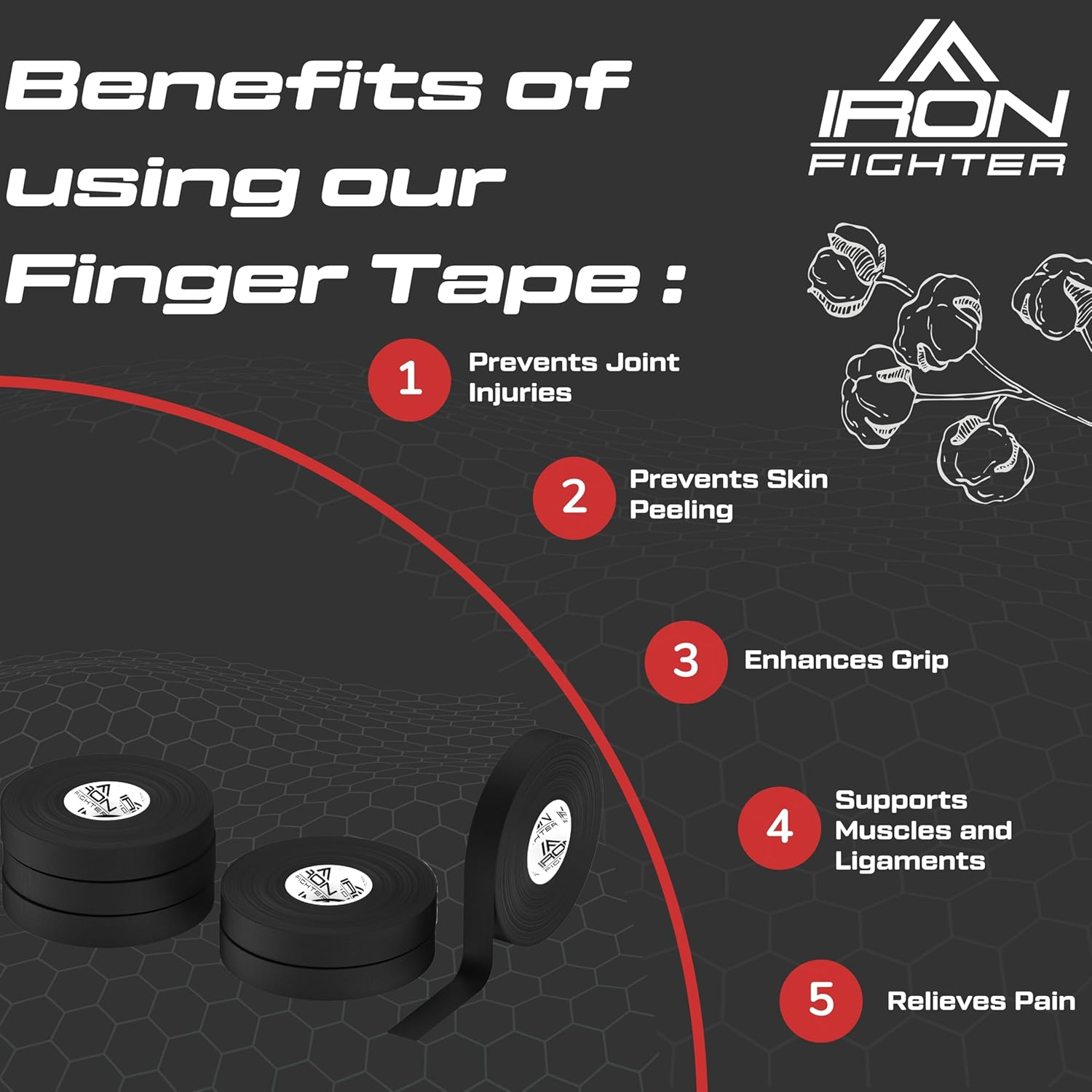 6X Rolls of Athletic Finger Tape Sports 1,25CM/0.5IN X 13,7M/45FT - BJJ Brazilian Jiu Jitsu - Rock Tape for Climbing - Crossfit - Judo - Volleyball - Black Sports Tapes Strapping image number 4