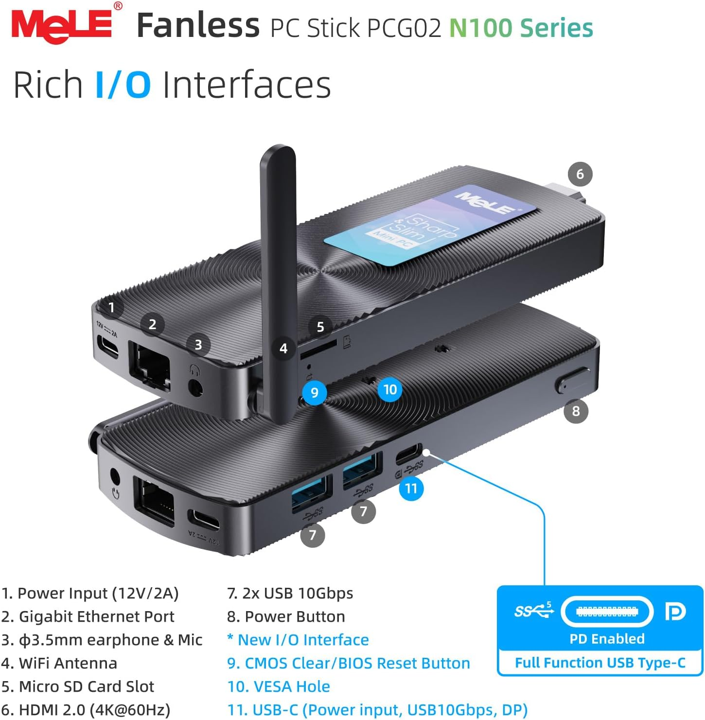 Mele PCG02 Fanless Mini PC Stick, 12Th N100 Celeron 8GB RAM 256GB Storage, Micro Computer Desktop Full Functional USB-C, Wi-Fi5 Gigabit Ethernet BT5.1 on Business Office Industrial Iot Media Home image number 2