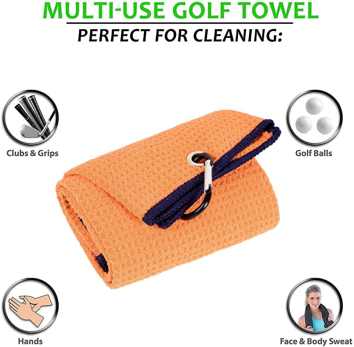 Golf Towels, Microfiber Waffle Pattern Tri-Fold Golf Towel - Brush Tool Kit with Club Groove Cleaner, with Clip Men Women Golf Gifts (Orange Towel+Black Brush) - Black image number 4