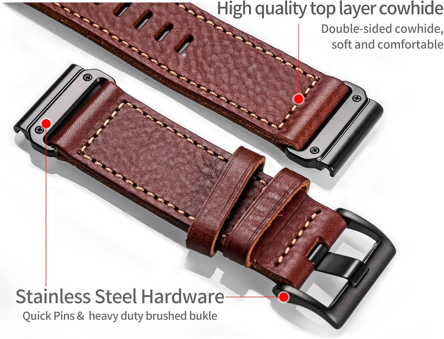 Compatible with Garmin Watch Band, Genuine Leather Watch Band, Retro Vintage Strap for Fēnix/Forerunner/Vivoactive/Approach/Marq/Quatix/D2 Series Tough Replacement Band image number 6