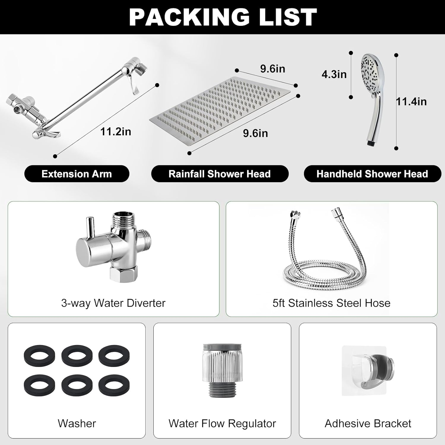 Liwcho Shower Head, 10 Inch High Pressure Rainfall Shower Head/Handheld Shower Combo with 11 Inch Extension Arm, 9 Settings Adjustable Anti-Leak Shower Head with Holder/Hose, Height/Angle Adjustable image number 5