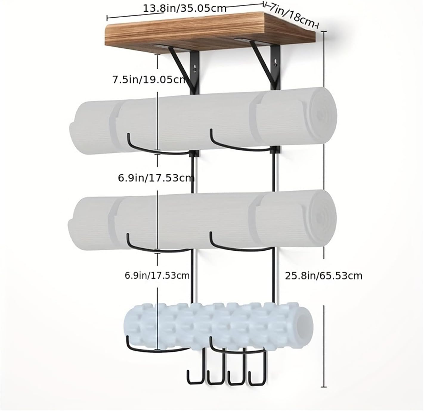 4-Tiers Wall-Mounted Yoga Mat Holder, All-In-One Organizer with Shelf & Hooks for Foam Roller, Resistance Bands | Carbonized Black image number 5