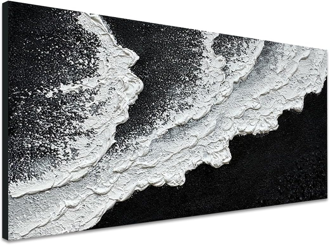 Black and White Beach Wave Textured Wall Art 3D Oil Painting Hand Painted Abstract Canvas Framed 40X20 Inch Acrylic Painting