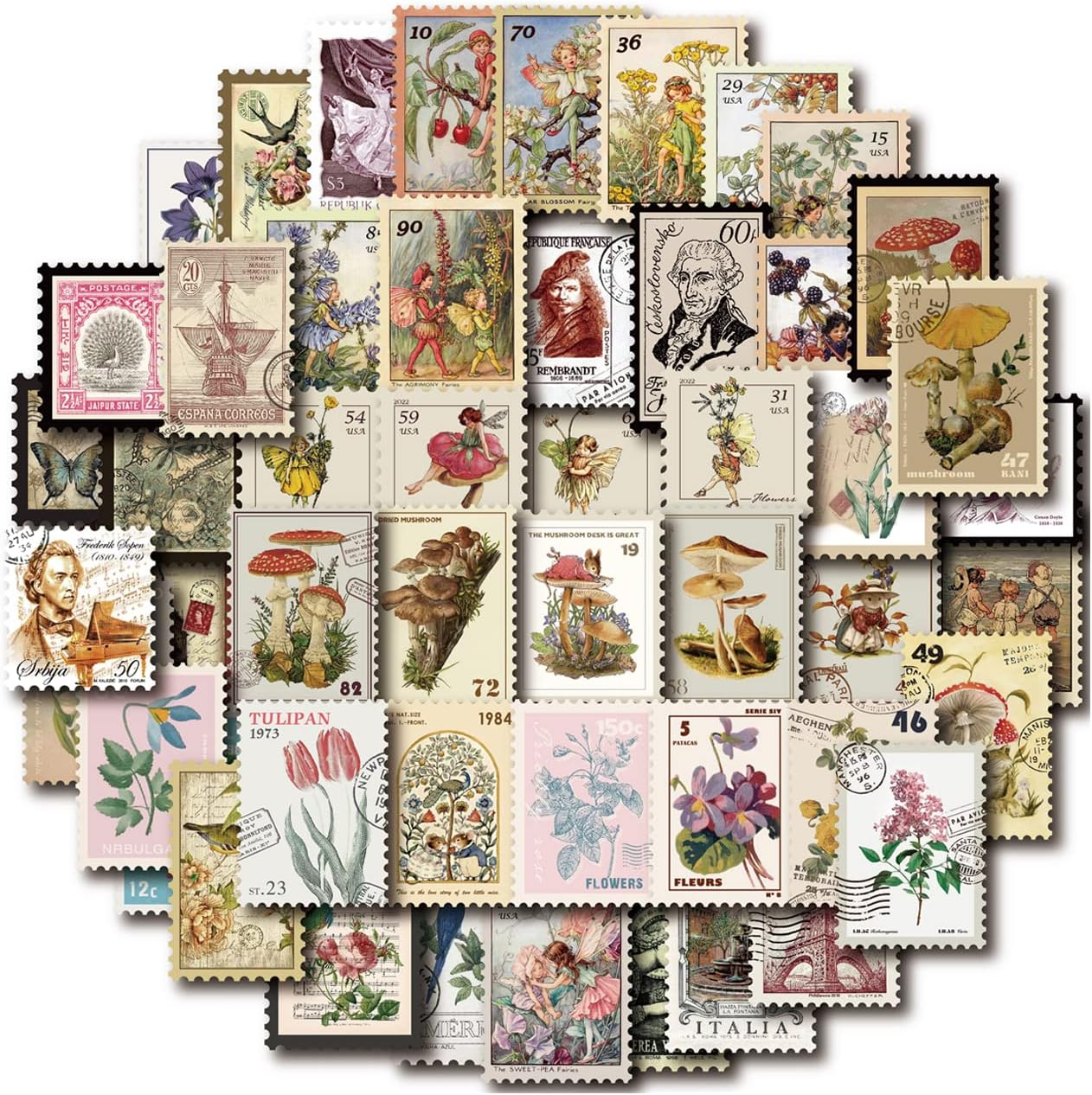 Vintage Postage Stamp Stickers for Scrapbook, 100 Pcs Deco Paper Stickers, Botanical Fairy Sticker for Bullet Journal, Junk Journal, DIY Crafts, Collage Album (Stamp-Like) image number 3