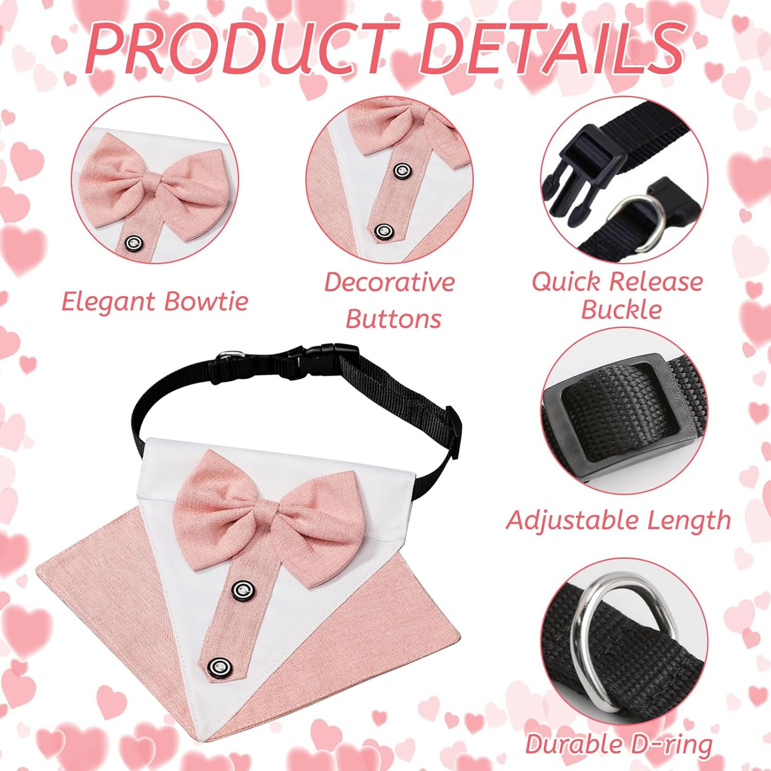 HACRAHO Formal Dog Tuxedo Bandana, 1 Piece Wedding Collar with Bowtie, Adjustable Formal Tux for Large Dogs, Pink image number 4