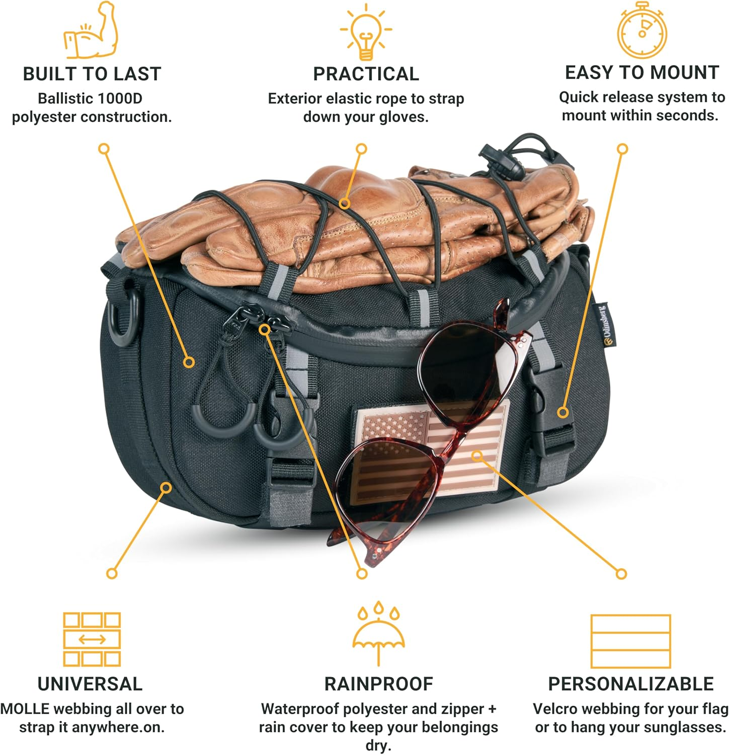 Odinsberg Multifunctional Motorcycle Handlebar Bag Tool Fork Front Tail Frame Side Small Storage Compartment Pouch for Motorbike Bicycle Snowmobile Quad ATV Moto,Black,(Valhalla-Bar-Bag-Bk-M V1) image number 4