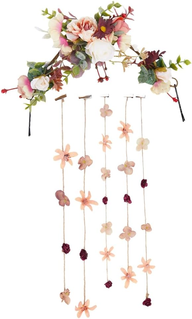 CABODYALS Flower Hairband Bride Imitation Flowers Headband Bohemian Style Mixed Color Headdress Floral Crown Vine Rustic Style Wreath Tassel Headbands for Women Wedding Party Photos Costume Head Decor image number 4