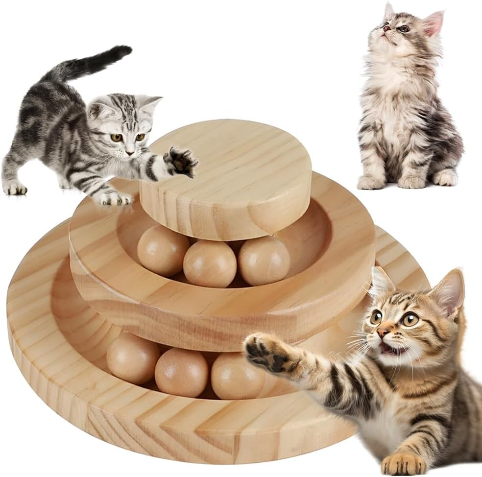 Cat Ball Track, Cat Toy, Kitty Toys Roller, 2-Level Cat Ball Tower with 6 Removable Balls, Interactive Wooden Cat Toy for Kitten Physical Exercise image number 4