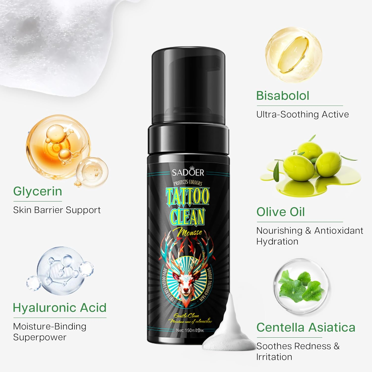 VRAIKO SADOER Tattoo Soap, Aftercare Foam Cleanser for Tattoo Wash, 150Ml Cleaning Soap with Olive Oil & Centella Asiatica for New Tattoos & Piercings Essential Tattoo Supplies image number 3