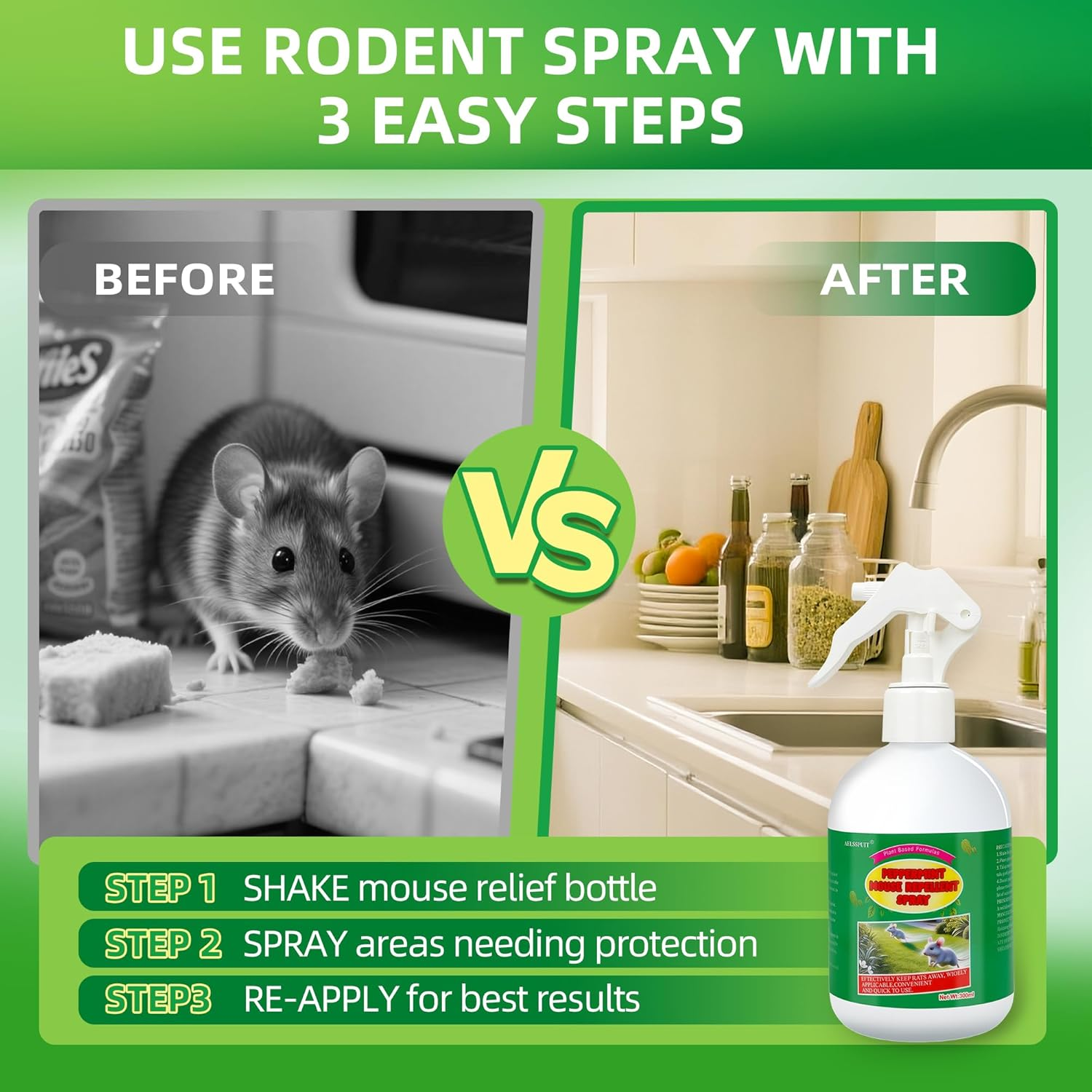 Peppermint Oil Rat Deterrent Control Spray - Long Lasting Rodent Deterrent for Cars, Natural & Safe Mouse Repellent, Easy Application (300ML) image number 1
