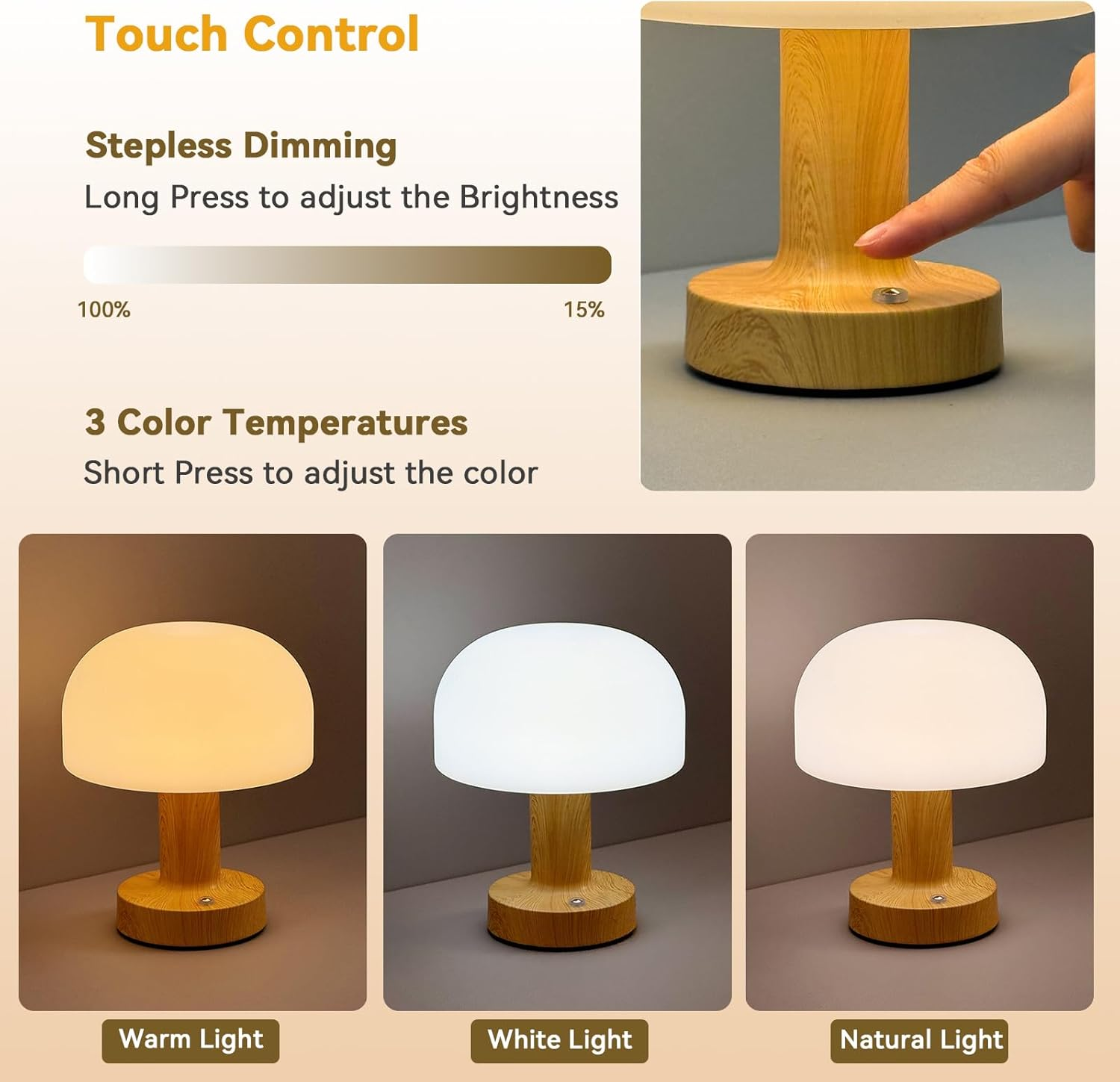 Mushroom Table Lamp, Rechargeable LED Night Light with 3 Color Touch Stepless Dimming, Battery Operated Ambient Lighting Bedside Lamp for Bathroom, Bedroom, Kidsroom, Outdoor, Restaurant