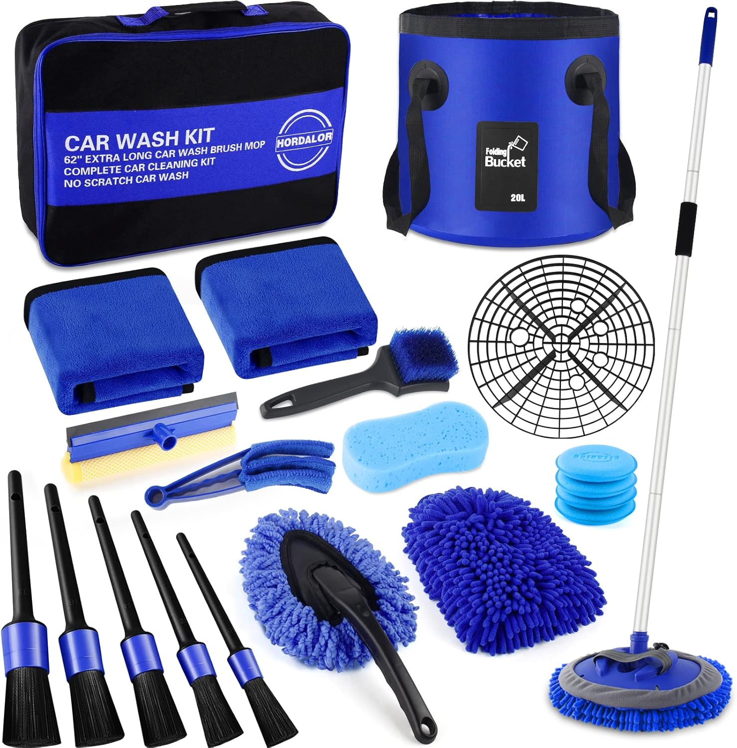 21Pcs Car Wash Kit,62" Car Wash Brush Mop with Long Handle,Car Cleaning Kit,Car Detailing Brush Set,Car Wash Bucket with Dirt Trap,Windshield Window Squeegee for Cars RV Truck Boat