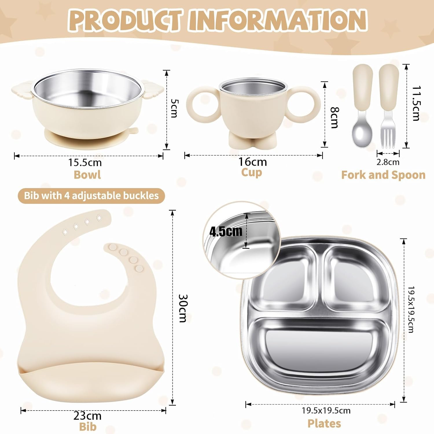 Stainless Steel Kids Plates and Bowls, 6 Pcs Baby Tableware Set Contain Deep-Divide Toddler Plates, Bowls, Cup, Utensils & Bib &ndash; Bpa-Free 304 Steel + Silicone Suction &ndash; Dishwasher Safe