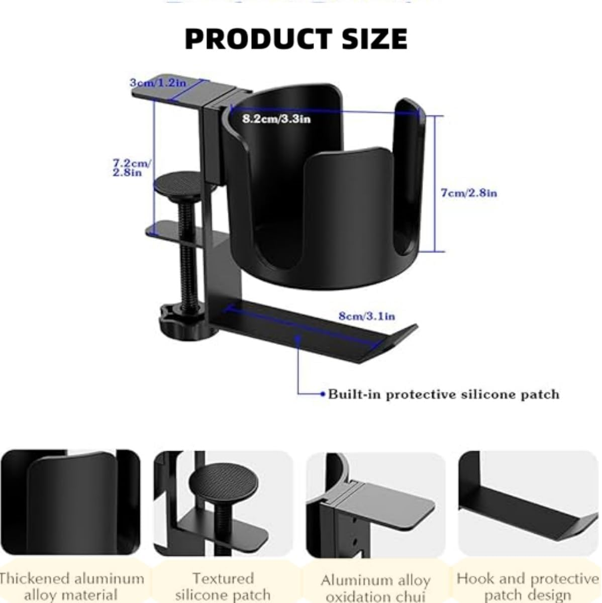 2 in 1 Desk Cup Holder with Headphone Hanger Holder,Adjustable Anti-Spill Tumbler Holder,For Desk or Table Clip on Tumbler Holder Nonslip Tableside Cup Holder,For Coffee Water Cups Headphone image number 3