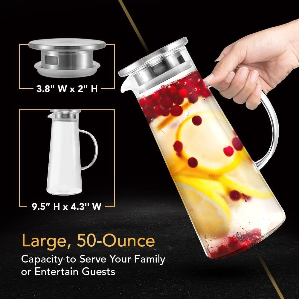 Glass Pitcher with Lid and Spout Set of 2 Heat Resistant Glass Water Jug with Stainless Steel Lid 1500Ml Good for Coffee Juice Beverage Pitcher for Juice and Iced Tea Pitcher Water Carafe