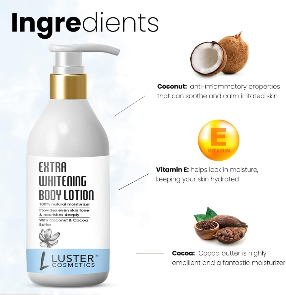 Luster Cosmetics Extra Whitening Body Lotion | Enriched with Coconut & Cocoa Butter | 100% Natural Moisturizer | Provides Even Skin Tone | Paraben Free - 300Ml image number 2