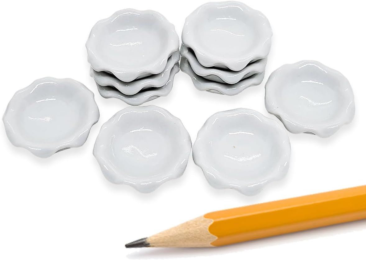 Changthai Design Very Tiny 1&frac14;" Long White Rectangle Ceramic Serving Tray 10 Pieces Set - Miniature Tableware Plate Crockery Cutlery Kitchenware Handmade Mini Porcelain Decorative Collectible Gifts