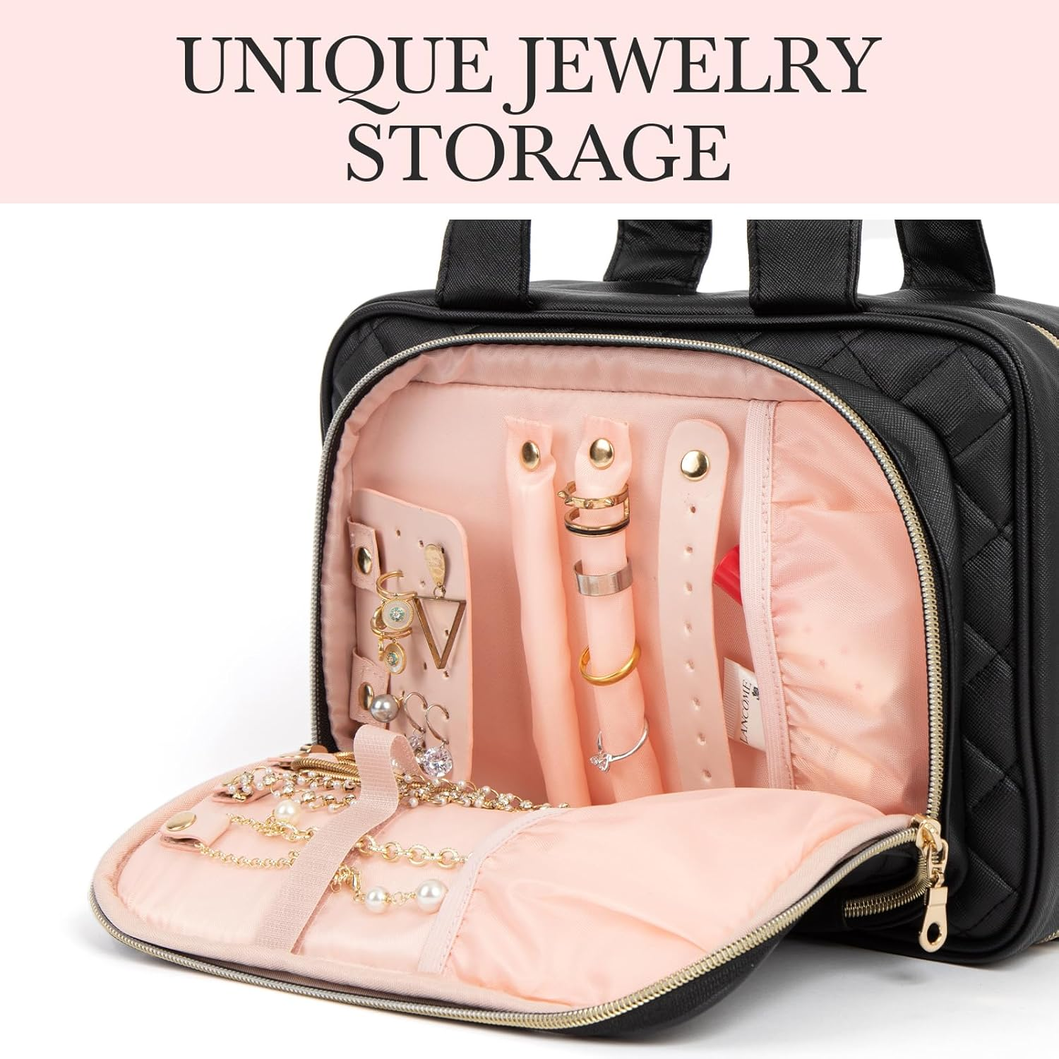 Elite Dance Gear Travel Toiletry Bag with Mirror - Cosmetic Bag with Hanging Hook for Women & Men - Container for Travel Accessories, Essentials, Toiletries, Jewelry, Black, Toiletry Bag with Rack image number 5