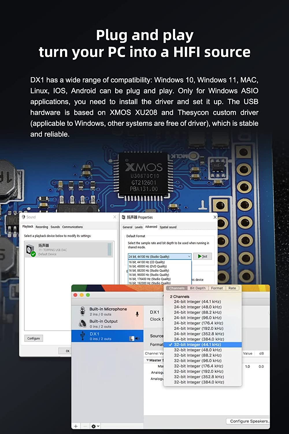 Topping DX1 Support up to DSD256 and PCM384 THD+N<0.0002% XMOS XU208 Newest AK4493S 2 Gain Settings Hi-Res Audio DAC & Headphone Amplifier(Black) image number 6