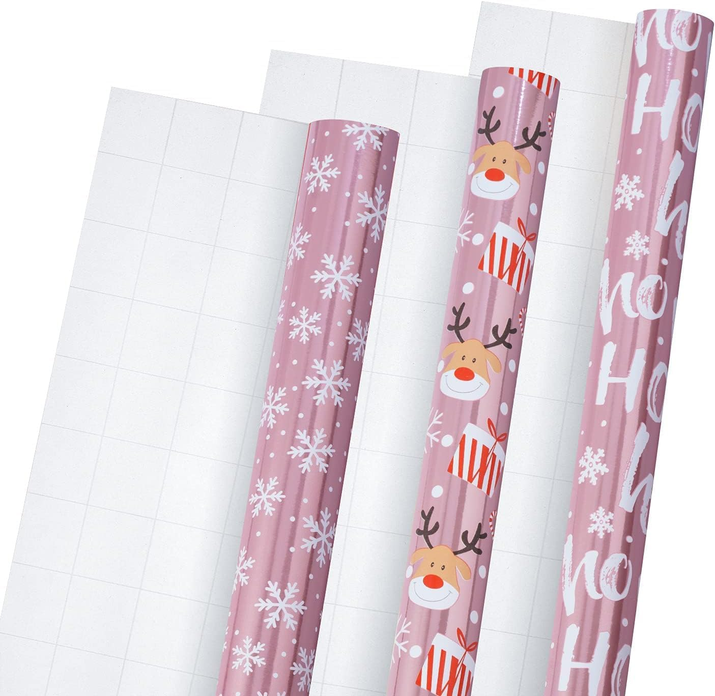 Pink Metallic Christmas Wrapping Paper Santa/Snowflakes/Ho Print | Recyclable Foil Gift Wrap for Beach Xmas, Office Kris Kringles & Last-Minute Presents (3 Rolls,43.2Cm X 3M)
