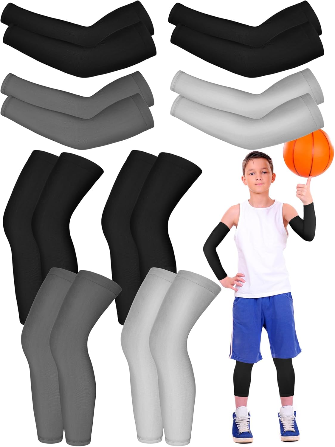 8 Pairs Kids Arm Sleeves and Basketball Leg Sleeves Set Non Slip Long Compression Leg Sleeves for Boys Girls Youth