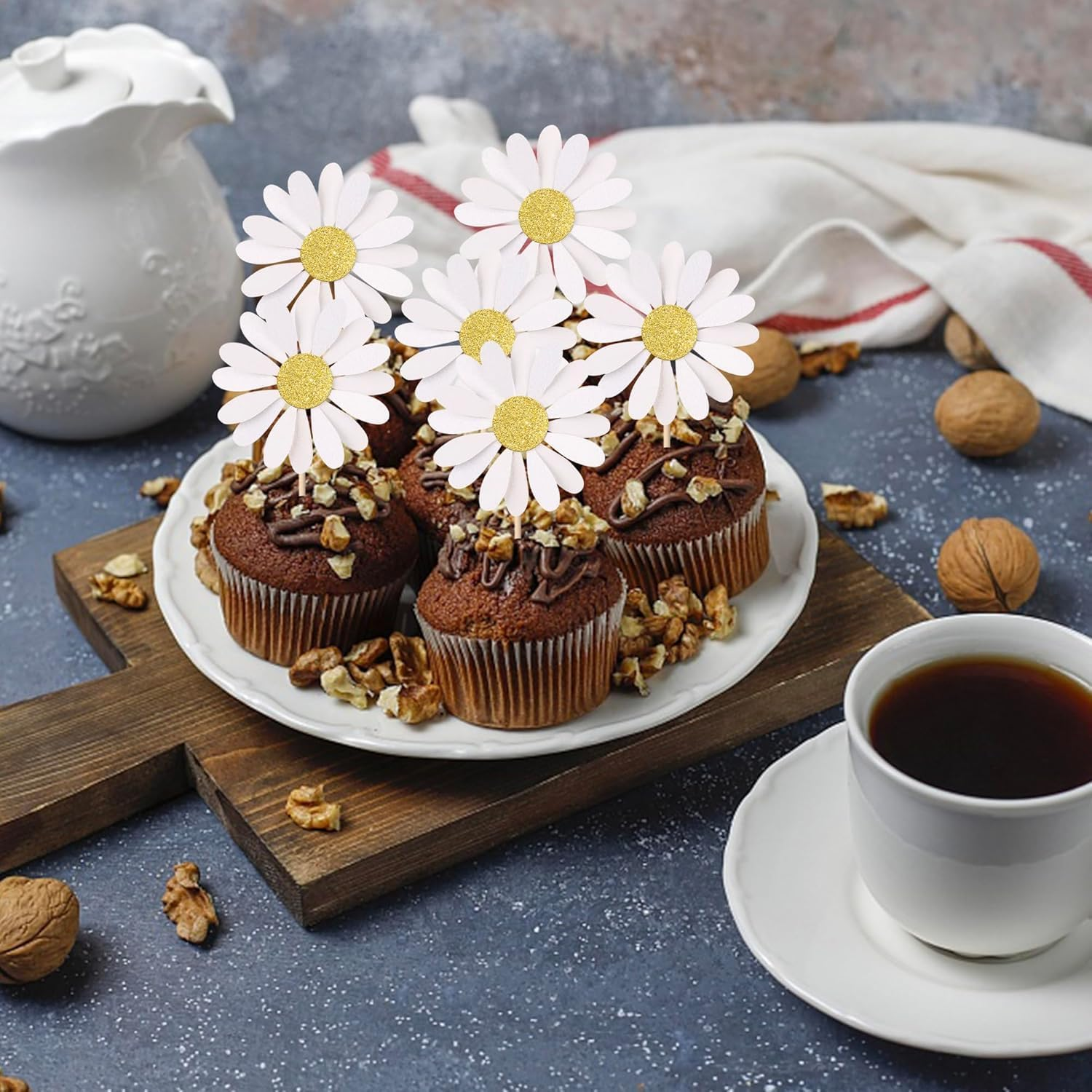 SYKYCTCY 24 Pack Daisy Cupcake Toppers Glitter White Daisy Flower Cupcake Picks Spring Daisy Flower Cake Decorations for Chrysanthemum Theme Birthday Kids Baby Shower Party Supllies (#1) - 2 image number 3