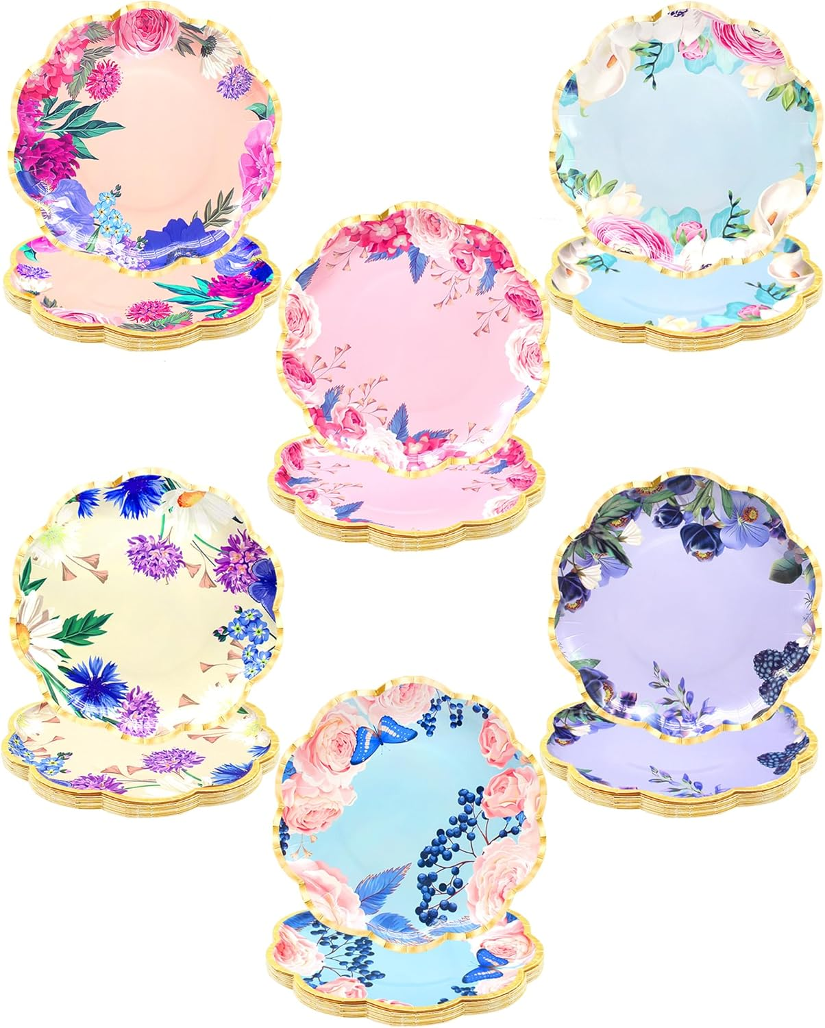 Benvo 60 Pack Floral Paper Plates 9 Inch Flower Dessert Plates Sparkle Disposable Plates for Tea Party Garden Party Baby Shower Bridal Shower Birthday Wedding Decorations(6 Assorted Styles) image number 4