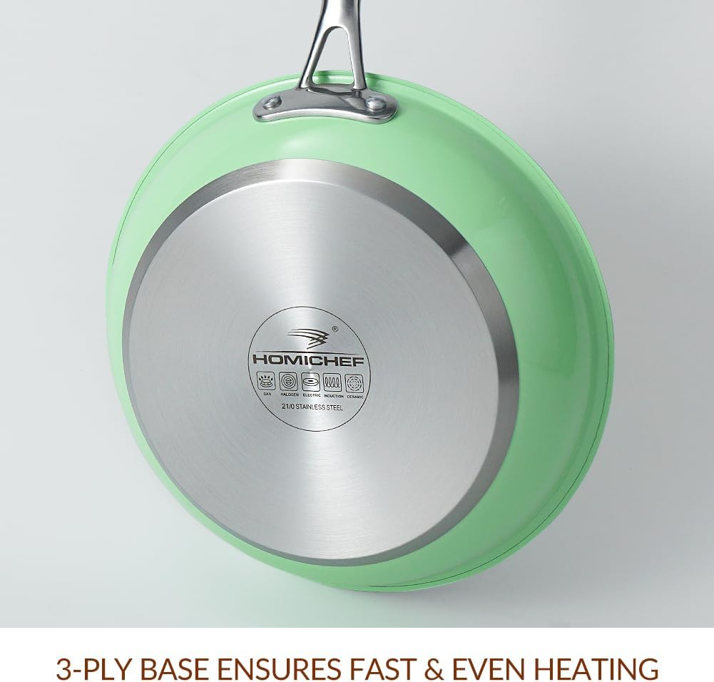 HOMICHEF 24 CM Mint Green Stainless Steel Nickel Free Fry Pan - No Toxic Induction Frying Pan - Non Coating Nickel Free Skillets image number 3
