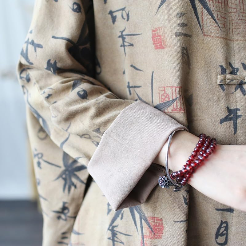 Vintage Ethnic Distressed Mandarin-Collar Frog-Button Jacket Women'S Loose Fit Long-Sleeve Outerwear Coffee image number 2