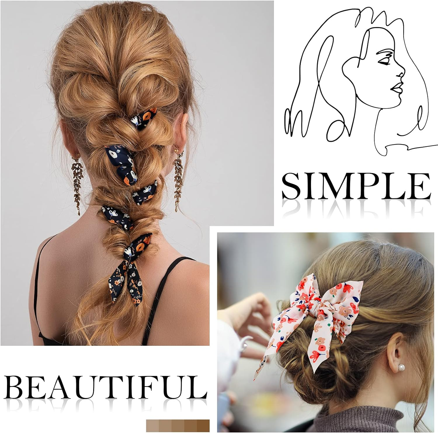 Chuangdi 10 Pcs Hair Scrunchies Hair Scarf with Ribbon Bunny Ears Chiffon Floral Bow Ponytail Holder Boho Elastic Floral Ropes 2 in 1 Vintage Accessories for Women (Ditsy Print) image number 1